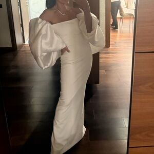 Solace London White Strapless Dress with Dramatic Sleeves